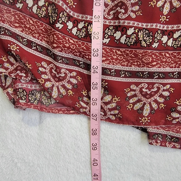 Calvin Klein Boho Red Print 3/4 Sleeve Gathered Waist Sheer Lined Dress Size M - Picture 11 of 12